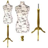 Display Guru Female Uk Size 10/12  Dressmakers Tailors Dummy Mannequin, Black Flower on Cream Torso Bust With Gold wood Tripod Stand